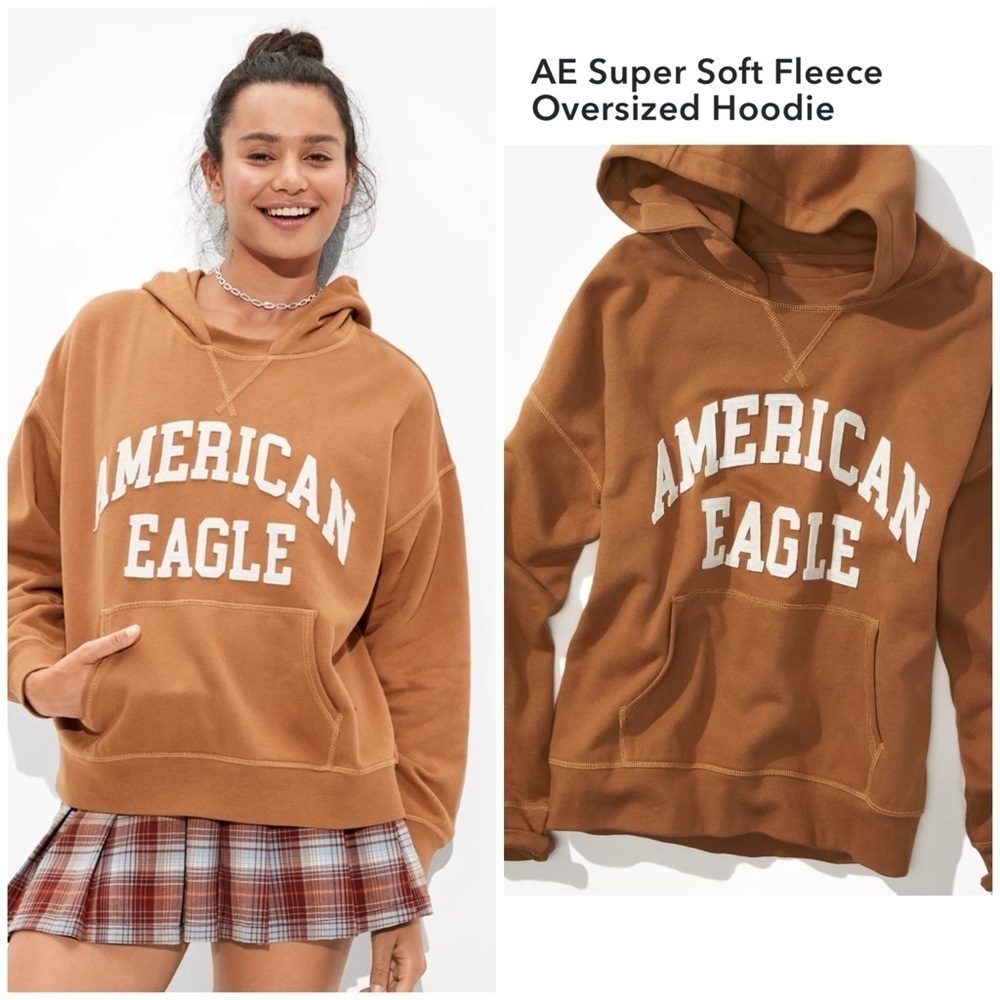 American Eagle AE Super Soft Fleece Oversized Hoodie Tan Small Sweatshirt